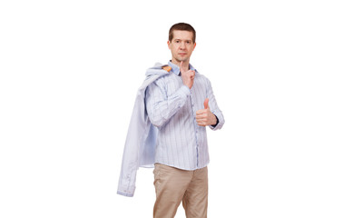 the man shows gesture OK, holds a coat hanger with clothes in hand, on a white background