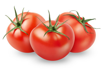Isolated tomato. Three whole fresh tomatoes isolated on white background, with clipping path
