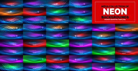 Neon glowing light abstract backgrounds collection, mega set of energy magic concept backgrounds