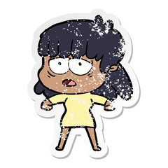 distressed sticker of a cartoon tired woman