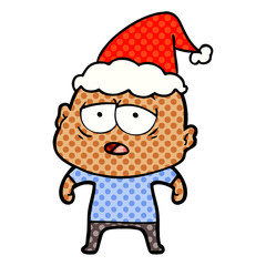 comic book style illustration of a tired bald man wearing santa hat