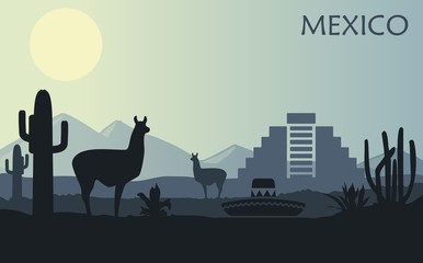 Stylized landscape of Mexico with a llama, cactuses and ancient pyramid.