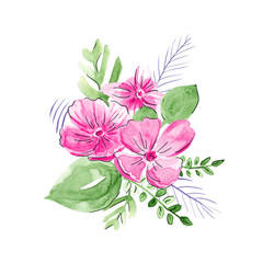 Hand-drawn bouquet of pink flowers. Watercolor composition on white background. Sketch style