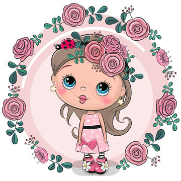 Greeting card Girl with flowers on a pink background