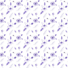 seamless pattern with purple flowers and leaves on a white background. Watercolor illustration