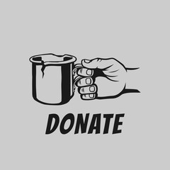 Beggar's hand with a mug vector illustration. Donate and help. Hand of beggar who ask for money.
