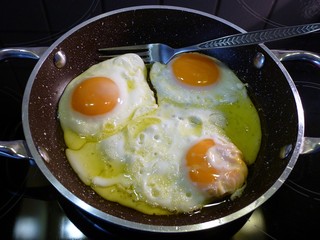 Closeup top view of cook homemade meal or breakfast of three fried eggs in a frying pan in hot extra virgin Greek olive oil ready to eat and fork isolated on a black ceramic glass range cooker