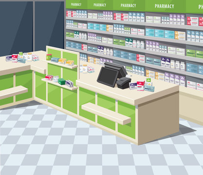 Modern interior pharmacy and drugstore. Sale of vitamins and medications. Funny cartoon flat vector simple illustration.