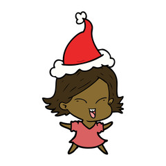 happy line drawing of a girl wearing santa hat