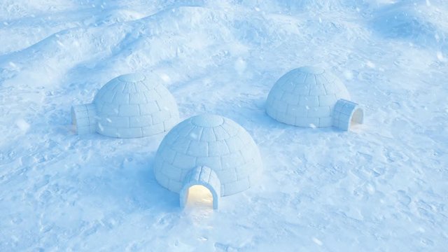 Igloo standing against the winter landscape and snowdrifts. Strong wind and snow storm, 3d animation