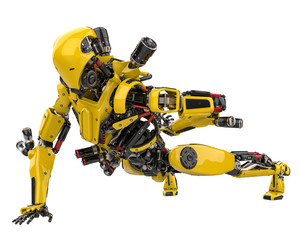 mega yellow robot super drone doing pushups in a white background