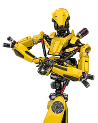 mega yellow robot super drone bodybuilder pose  in a white background