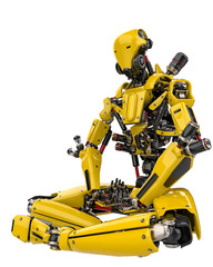 Obraz premium mega yellow robot super drone doing yoga side view in a white background