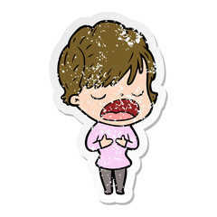 distressed sticker of a cartoon woman talking