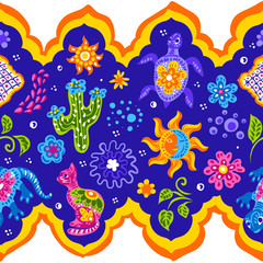 Obraz na płótnie Canvas Mexican pattern with cute naive art items.
