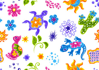 Mexican pattern with cute naive art items.