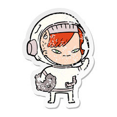 distressed sticker of a cartoon astronaut woman