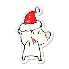 laughing polar bear distressed sticker cartoon of a wearing santa hat
