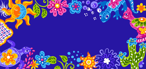 Mexican background with cute naive art items.
