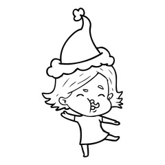 line drawing of a girl pulling face wearing santa hat