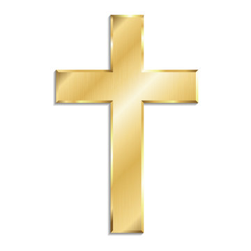 Gold metal christian cross with shadow, isolated on white background.