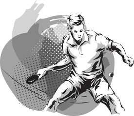 Black and white image of a young man playing table tennis.