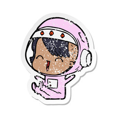 distressed sticker of a happy cartoon space girl