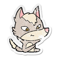 distressed sticker of a friendly cartoon wolf