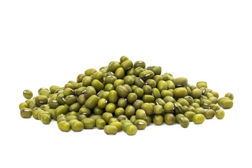Pile of green mung beans seen from the side and isolated on white background