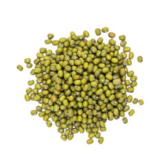 Pile of green mung beans seen directly from above and isolated on white background