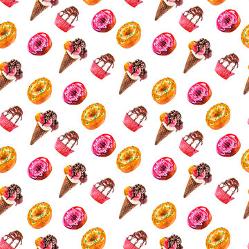Seamless pattern wirh yummy elements. Endless texture with cupcakes doughnuts, icecream with chocolate on white background