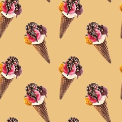 Seamless pattern wirh yummy elements. Endless texture with three scoops cone on white background