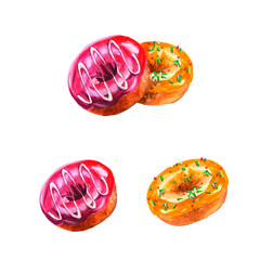 Yummy hand drawn watercolor  set of doughnuts. Pink, yellow icing and chocolate isolated on white