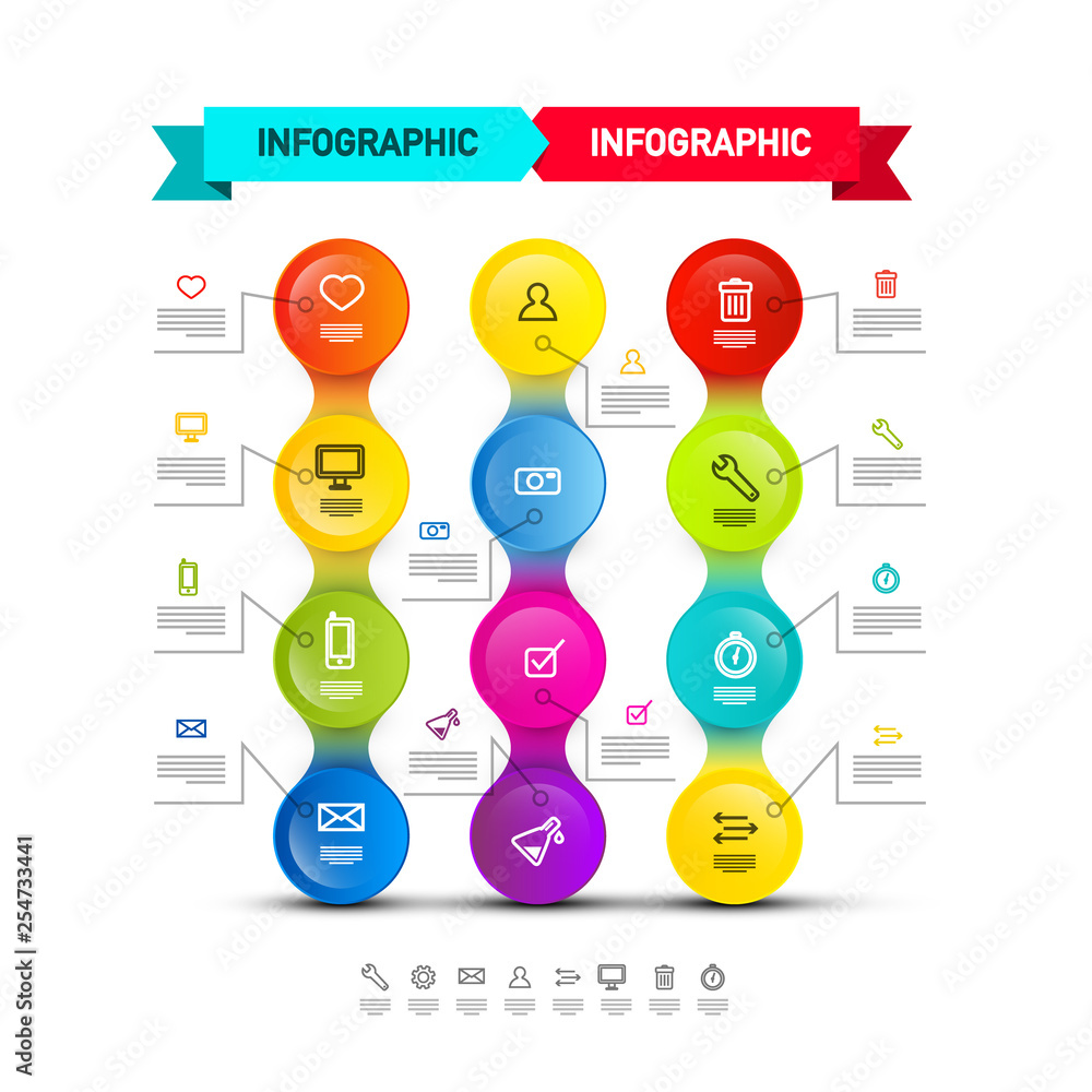 Poster colorful shapes infographic template. vector data chart flow infographics with icons and sample text