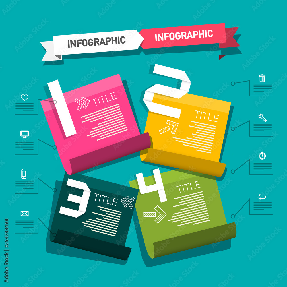 Poster four steps vector paper infographic design with icons and colorful notebook papers