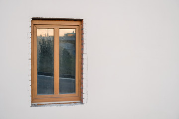 wooden window on white background, copy space