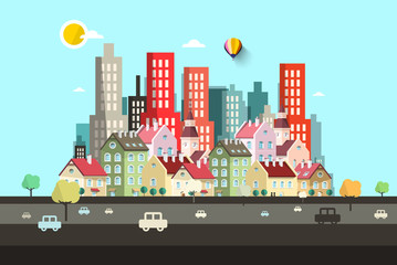 City with Cars on Street - Vector Flat Design Town with Skyscrapers and Buildings
