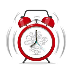Morning Ringing Red Alarm Clock Icon with Cogs. Vector Time Symbol.