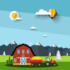 Naklejka premium Vector Flat Design Landscape with Barn and Tractor, Windmills and Mountains on Background