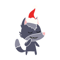 friendly flat color illustration of a wolf wearing santa hat