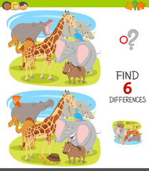 find differences game with cartoon animal characters