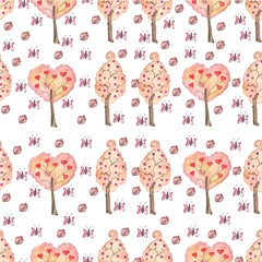 Watercolor pattern with trees and butterflies on white background