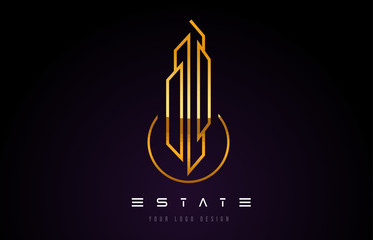 Gold Real Estate Modern Monogram Logo Design. Real Estate Lines Abstract Buildings Icon.