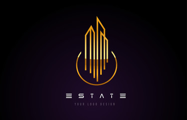 Gold Real Estate Modern Monogram Logo Design. Real Estate Lines Abstract Buildings Icon.