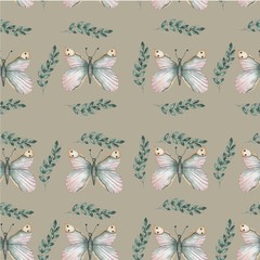 Seamless watercolor pattern of leaves and butterflies.