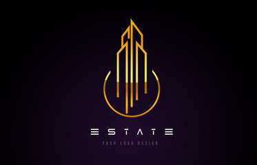 Gold Real Estate Modern Monogram Logo Design. Real Estate Lines Abstract Buildings Icon.