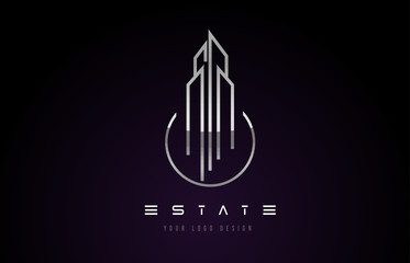 Silver Metal Real Estate Modern Monogram Logo Design. Real Estate Lines Abstract Buildings Icon.