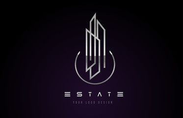 Silver Metal Real Estate Modern Monogram Logo Design. Real Estate Lines Abstract Buildings Icon.
