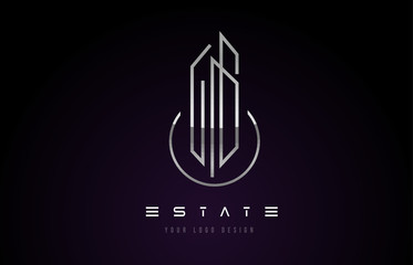 Silver Metal Real Estate Modern Monogram Logo Design. Real Estate Lines Abstract Buildings Icon.