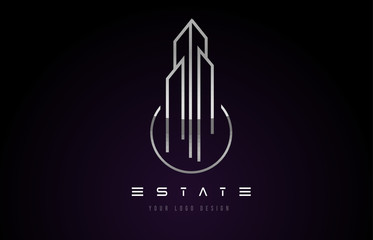 Silver Metal Real Estate Modern Monogram Logo Design. Real Estate Lines Abstract Buildings Icon.